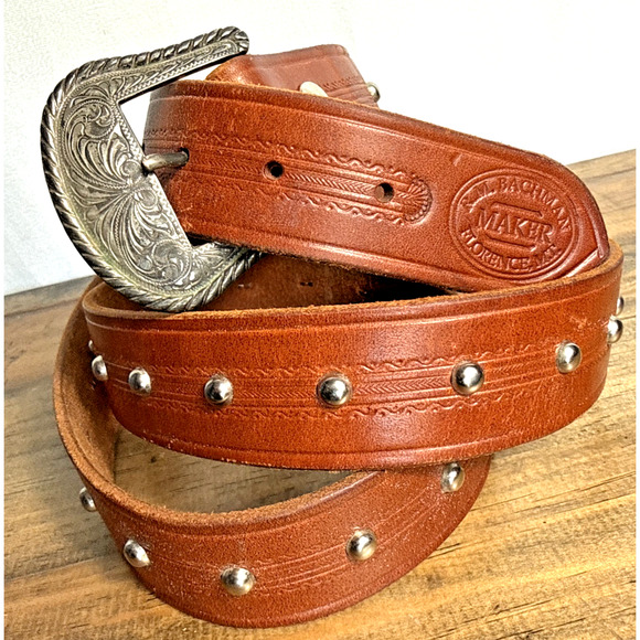 Men's Brown Leather Belt Size 50 52 Made By R.M. Bachman in Florence Montana GUC